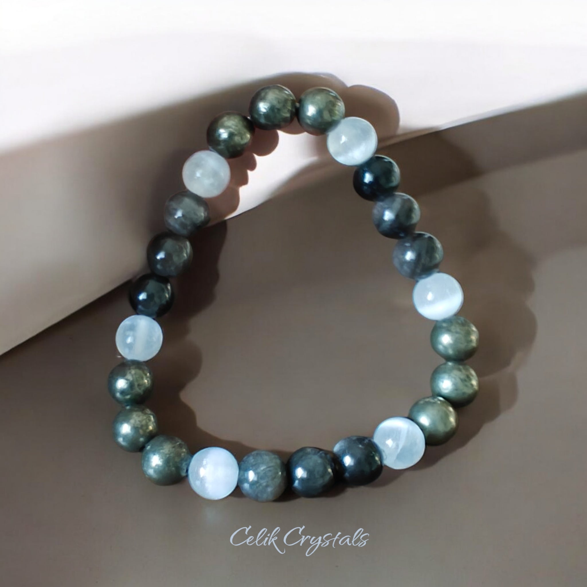 Pyrite, Selenite and Silver Obsidian Bracelet