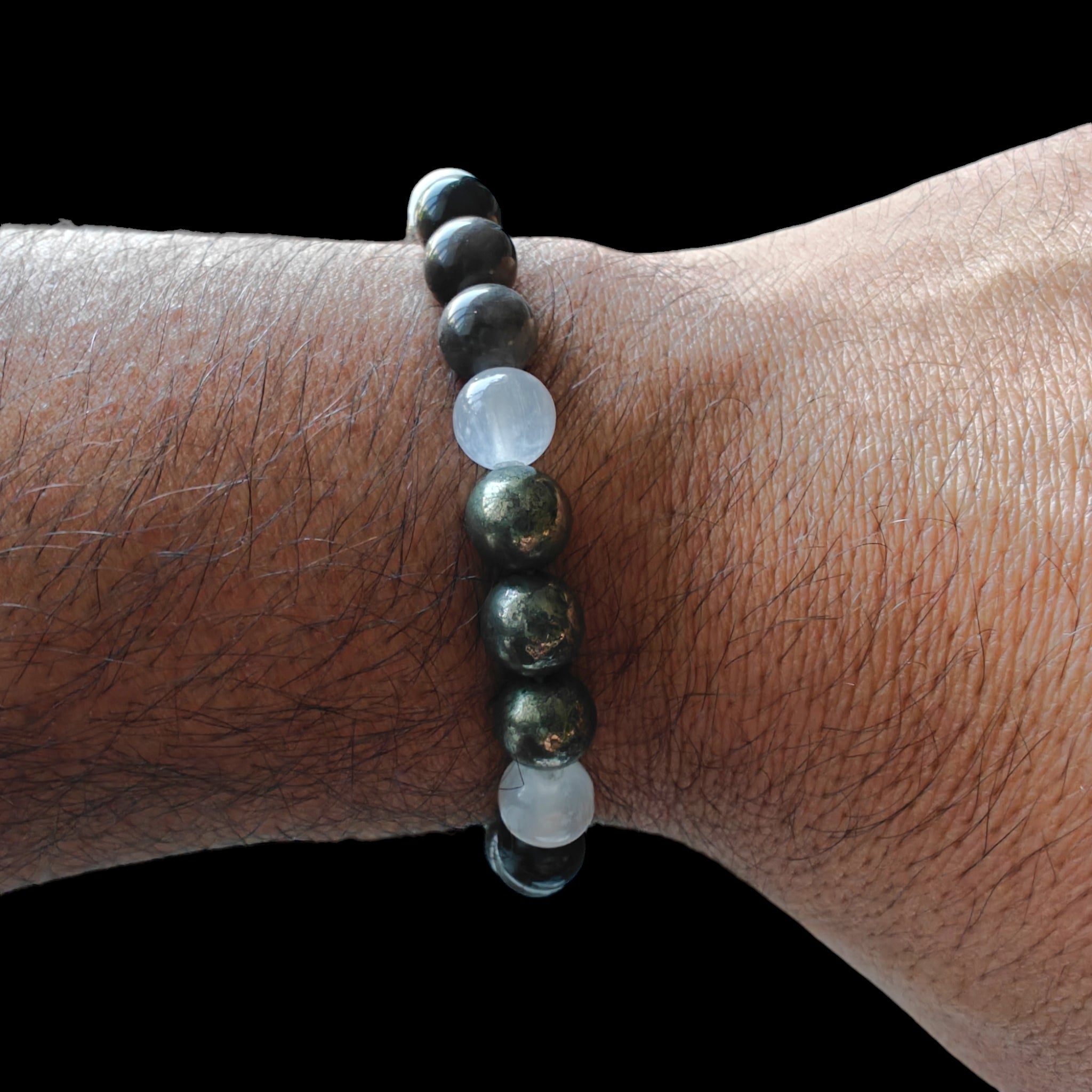 Pyrite, Selenite and Silver Obsidian Bracelet