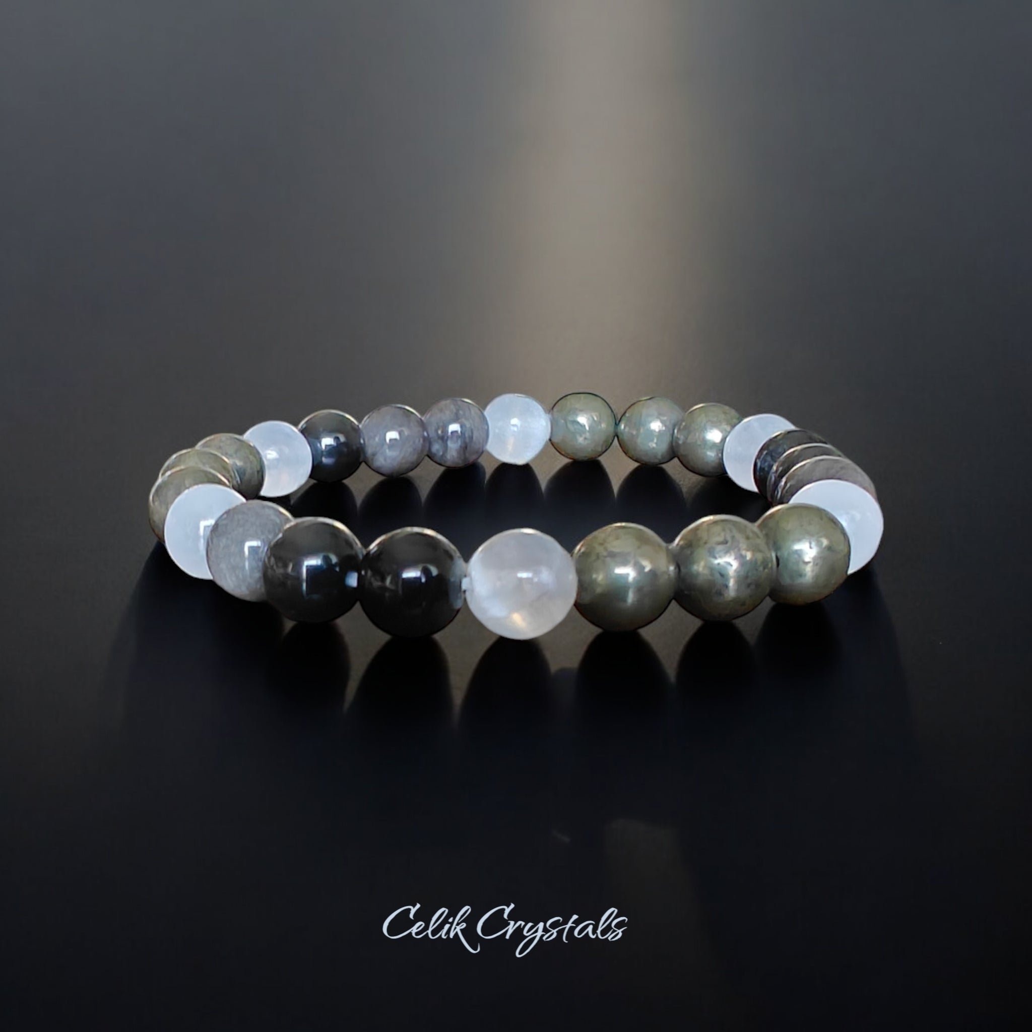 Pyrite, Selenite and Silver Obsidian Bracelet