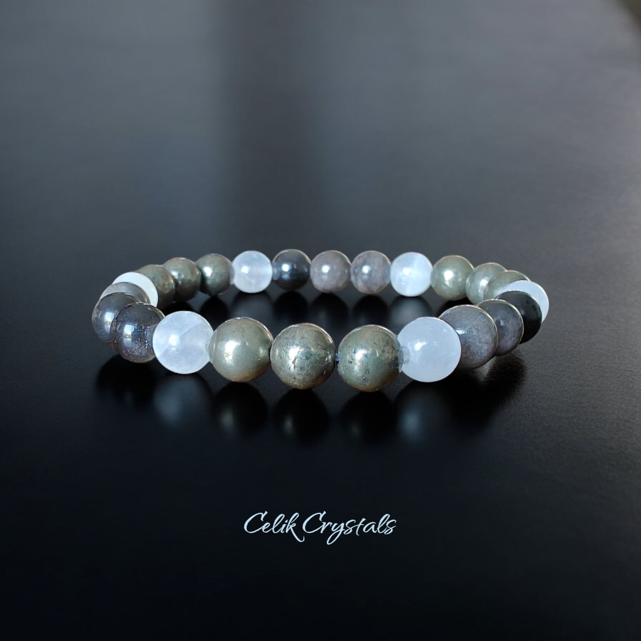 Pyrite, Selenite and Silver Obsidian Bracelet