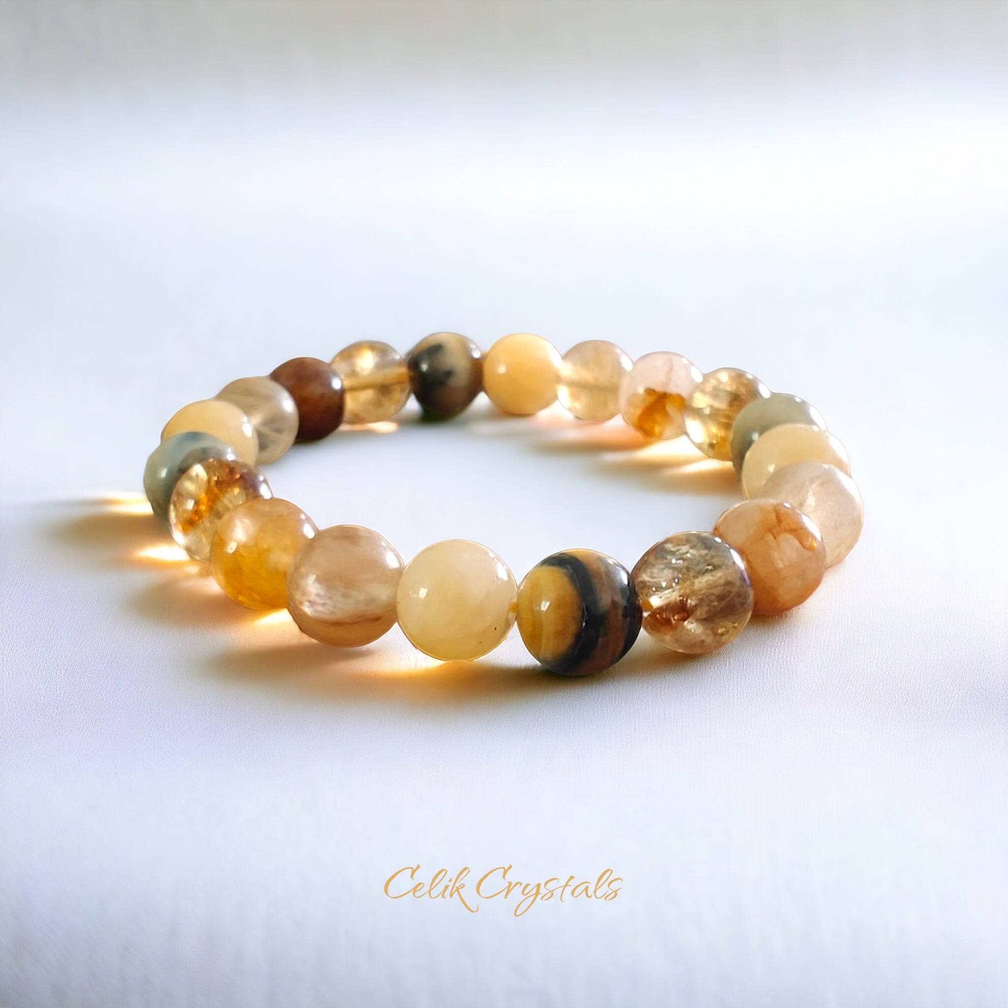 Citrine and Tiger Eye Bracelet Natural Stones 10mm Unisex Stretch Bead Bracelet