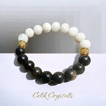 Gold Obsidian and Moonstone Bracelet Natural Stones 10mm Stretch Beads