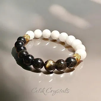 Gold Obsidian and Moonstone Bracelet Natural Stones 10mm Stretch Beads
