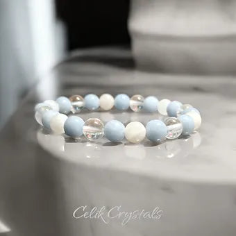 Angelite Moonstone and Clear Quartz Bracelet