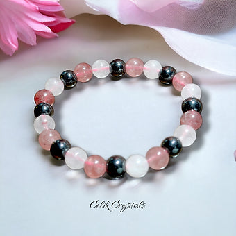 Strawberry & Rose Quartz Bracelet With Hematite - 8mm