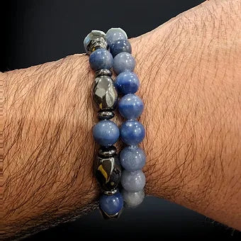 Blue Aventurine and Hematite Men's Bracelet Stack