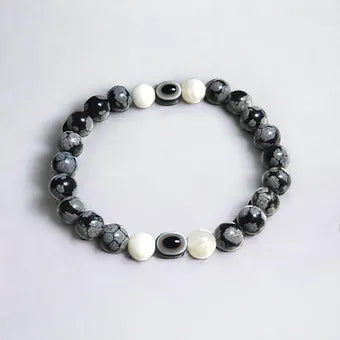 Evil Eye Bracelet with Snowflake Obsidian and Moonstone