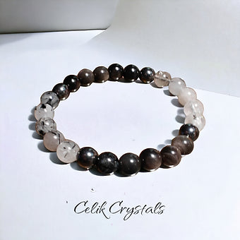 Tourmaline Quartz and Obsidian Stretch Crystal Bracelet