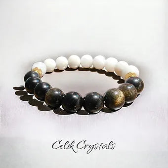 Gold Obsidian and Moonstone Bracelet Natural Stones 10mm Stretch Beads