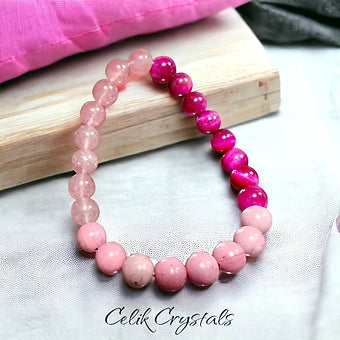 Strawberry Quartz, Rhodonite & Rose Red Tiger Eye Bracelet