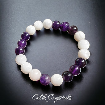 Amethyst and Moonstone Stretch Healing Crystal Bead Bracelet 10mm