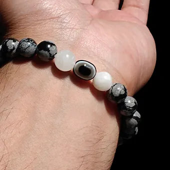 Evil Eye Bracelet with Snowflake Obsidian and Moonstone