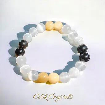 Selenite, Honey Calcite, Obsidian Bracelet
