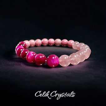 Strawberry Quartz, Rhodonite & Rose Red Tiger Eye Bracelet