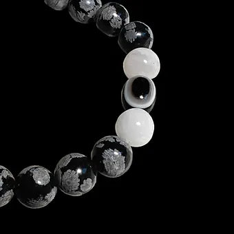 Evil Eye Bracelet with Snowflake Obsidian and Moonstone