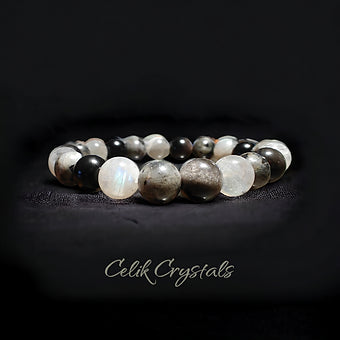 Labradorite and Silver Obsidian Bracelet 10mm Natural Stones Unisex Healing Bracelet