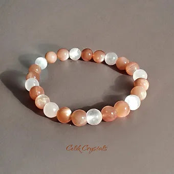 Sunstone and Selenite stone Crystal Bracelet Natural Stones Stretches