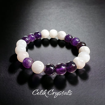 Amethyst and Moonstone Stretch Healing Crystal Bead Bracelet 10mm