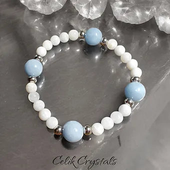 Angelite and Moonstone Women's Stretch Bead Bracelet