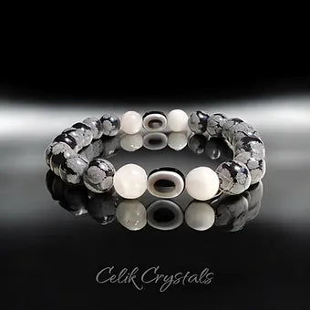 Evil Eye Bracelet with Snowflake Obsidian and Moonstone