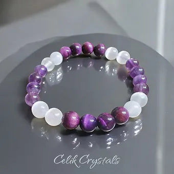 Amethyst Purple Tiger Eye and Selenite Bracelet
