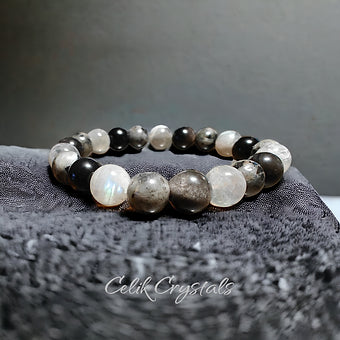 Labradorite and Silver Obsidian Bracelet 10mm Natural Stones Unisex Healing Bracelet