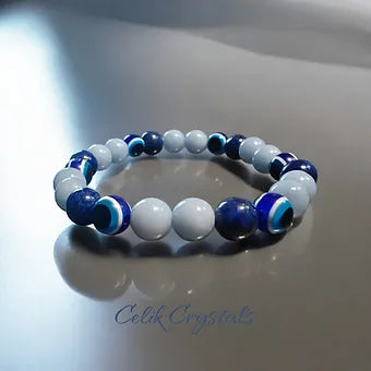 Evil Eye Bracelet with Lapis Lazuli and Angelite Stretches