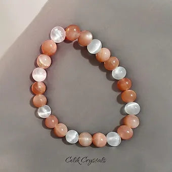 Sunstone and Selenite stone Crystal Bracelet Natural Stones Stretches