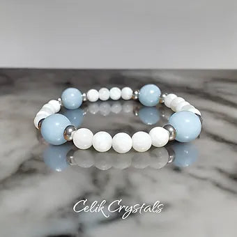 Angelite and Moonstone Women's Stretch Bead Bracelet