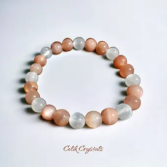 Sunstone and Selenite stone Crystal Bracelet Natural Stones Stretches