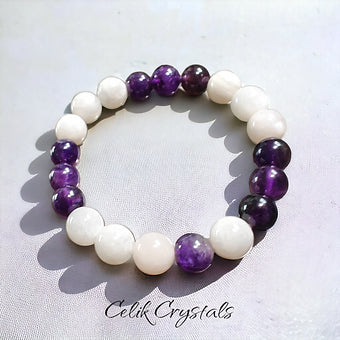 Amethyst and Moonstone Stretch Healing Crystal Bead Bracelet 10mm