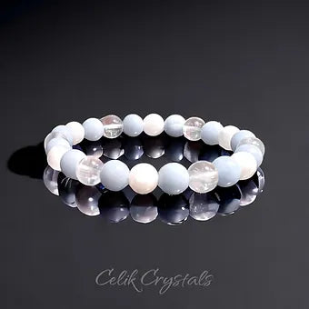 Angelite Moonstone and Clear Quartz Bracelet