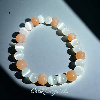 Sunstone & White Cat Eye Bracelet 8mm Unisex