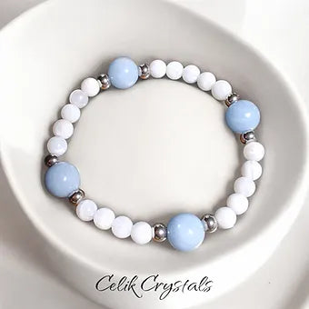 Angelite and Moonstone Women's Stretch Bead Bracelet