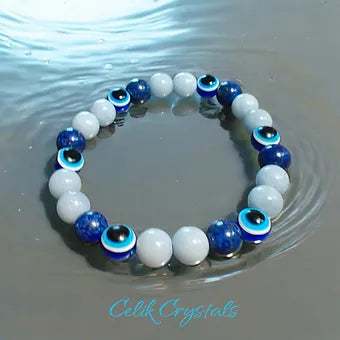 Evil Eye Bracelet with Lapis Lazuli and Angelite Stretches