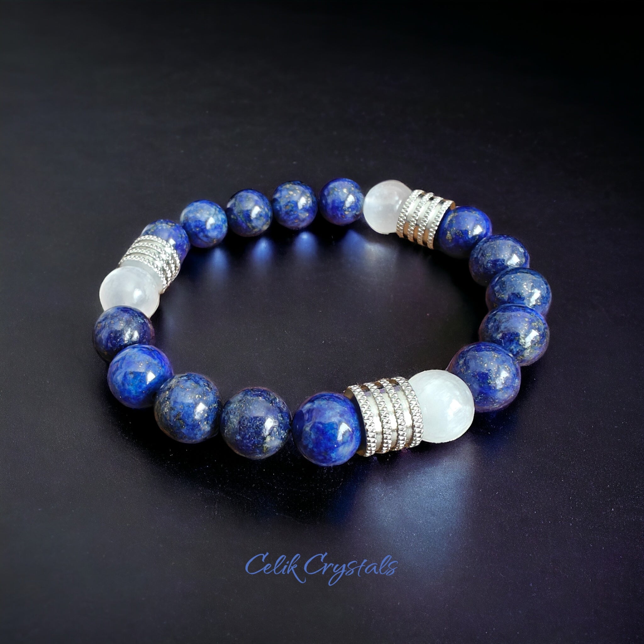 Lapis Lazuli and Selenite Bracelet 10mm Natural Stones Stretch Crystal Bracelet