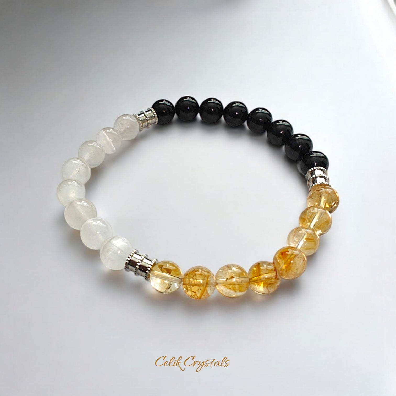 Selenite, Black Tourmaline and Citrine Bracelet with Stainless Steel Spacers 8mm Stretch Crystal Bead Bracelet