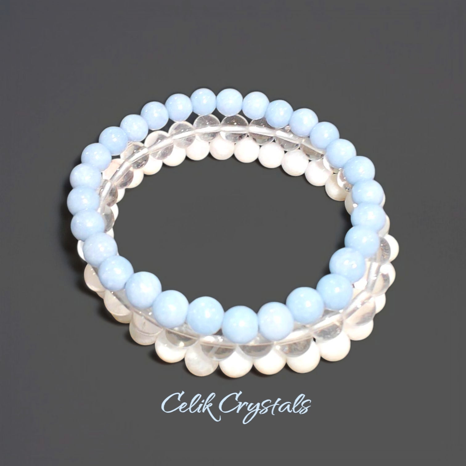 Angelite Moonstone and Clear Quartz Natural Stone Bracelet Stack for Women 6mm