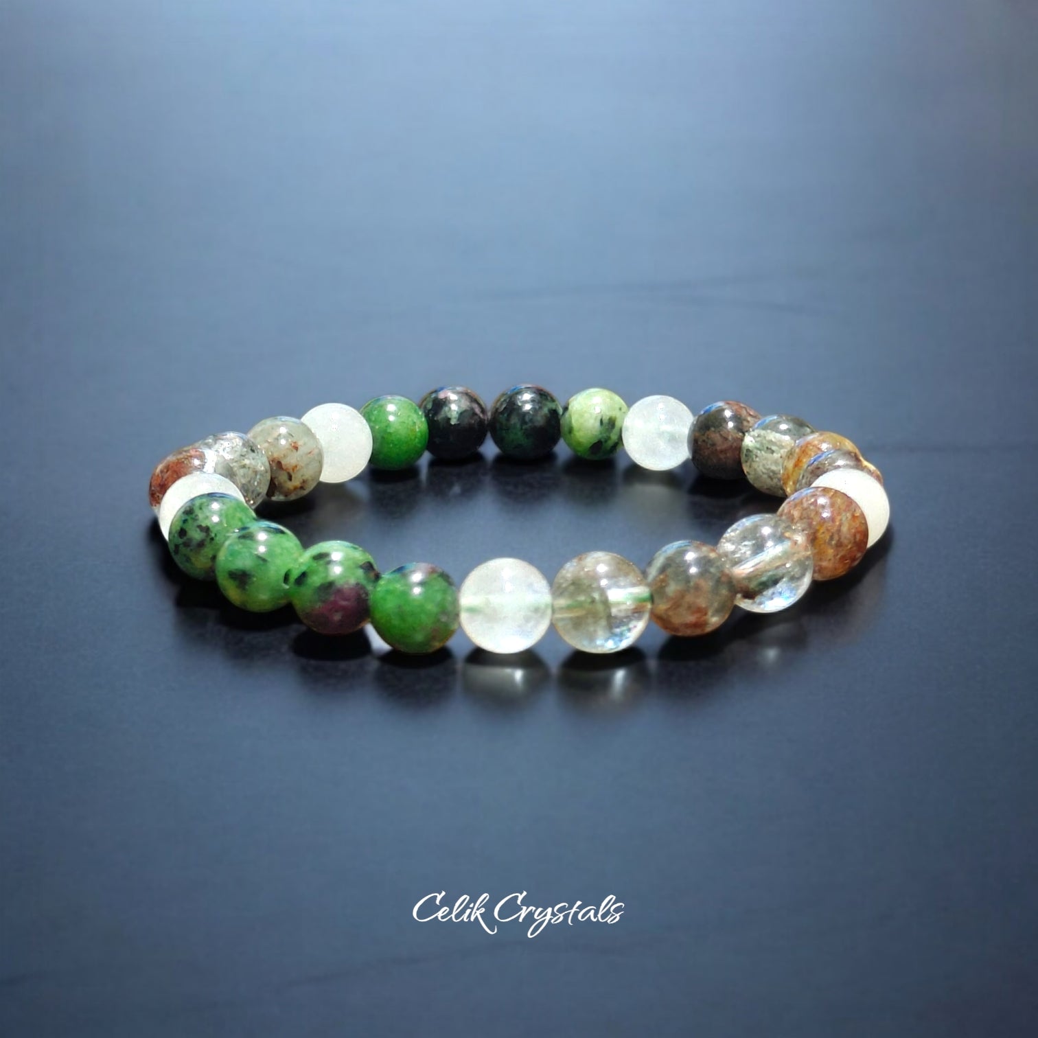 Ruby Zoisite, Garden Quartz and White Quartz Bracelet Natural Stones 8mm Stretches Unisex Healing Bracelet