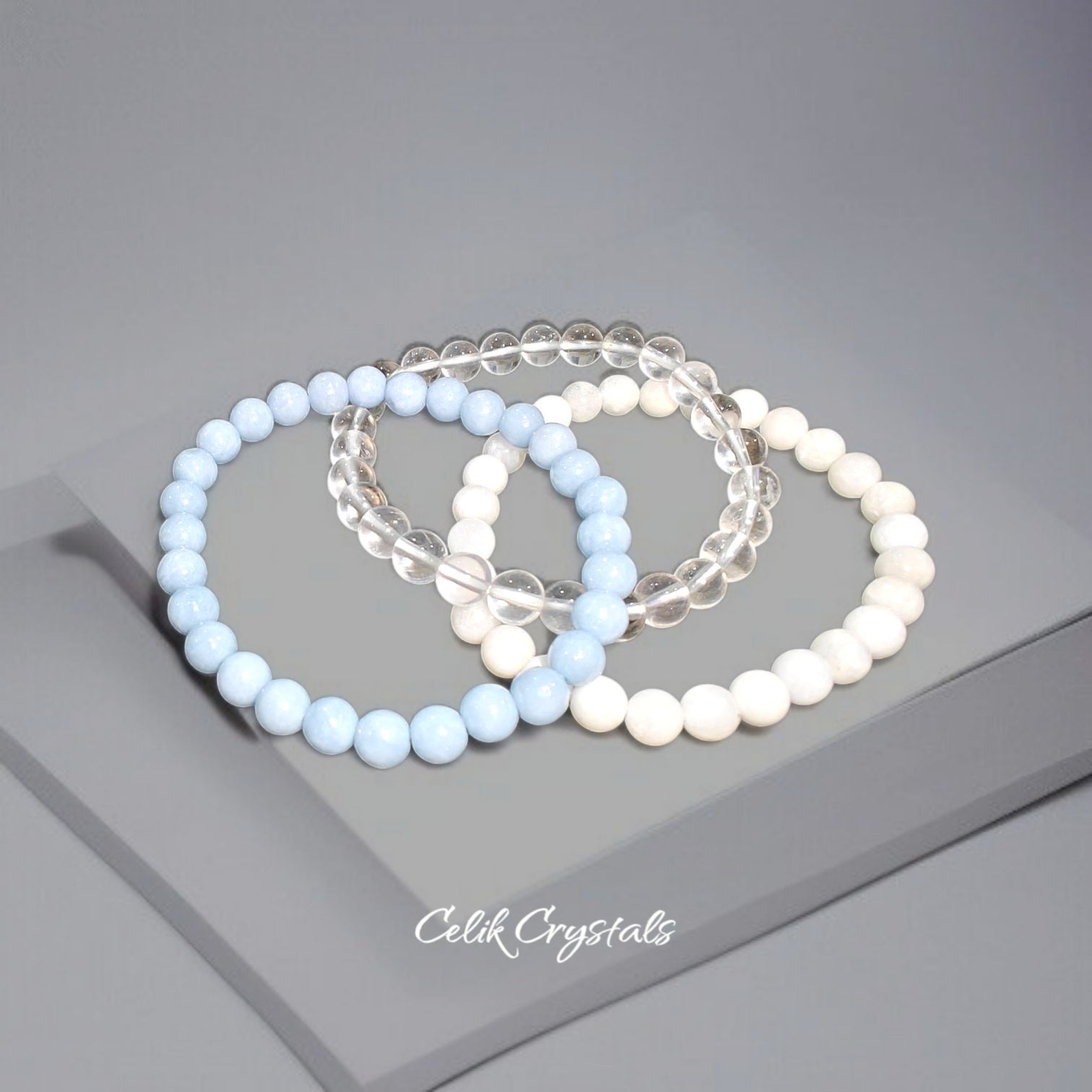 Angelite Moonstone and Clear Quartz Natural Stone Bracelet Stack for Women 6mm