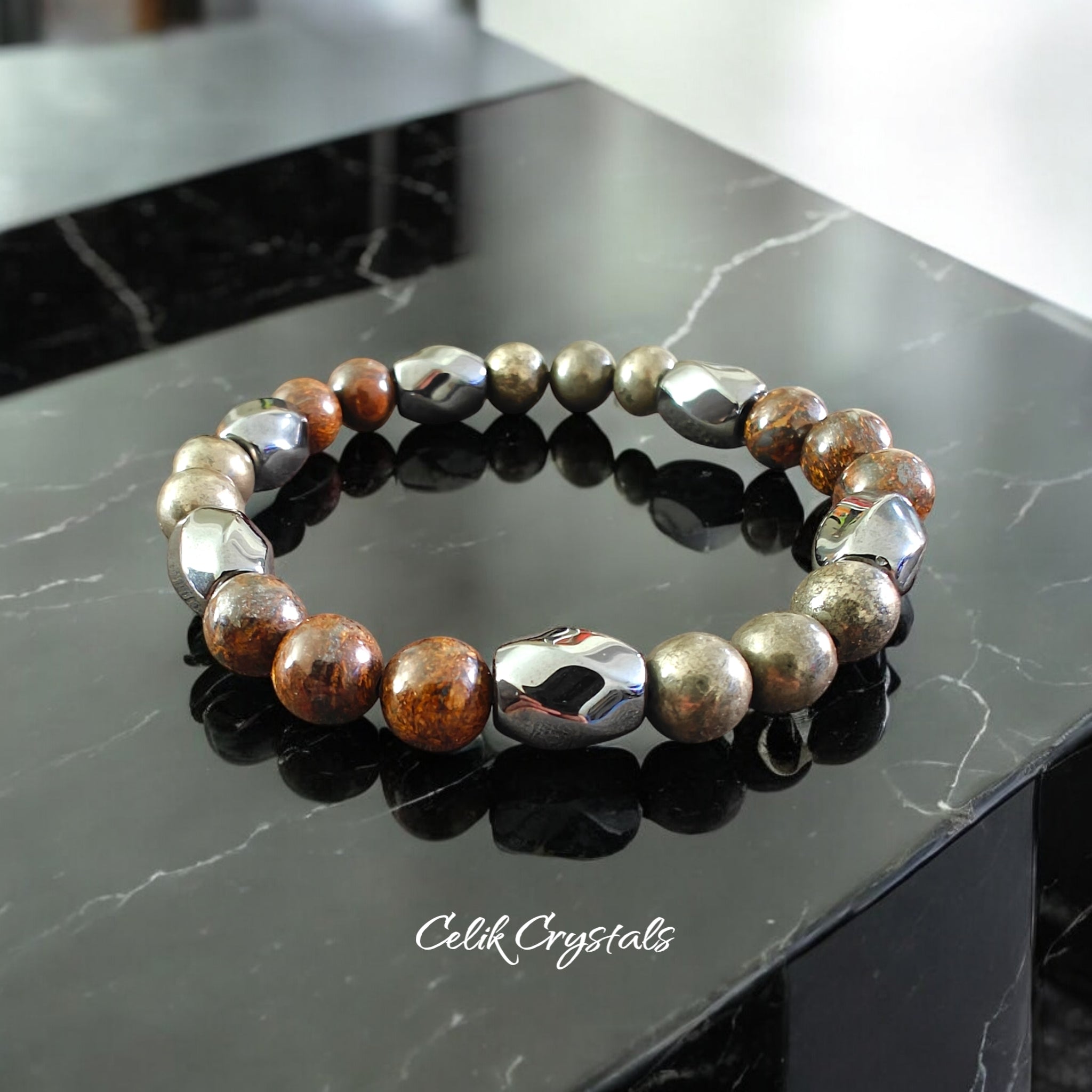 Bronzite Hematite and Pyrite Bracelet Natural Stones 8mm Stretches