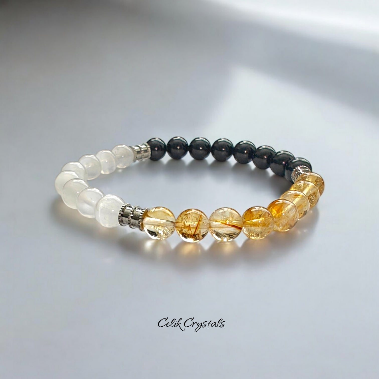 Selenite, Black Tourmaline and Citrine Bracelet with Stainless Steel Spacers 8mm Stretch Crystal Bead Bracelet