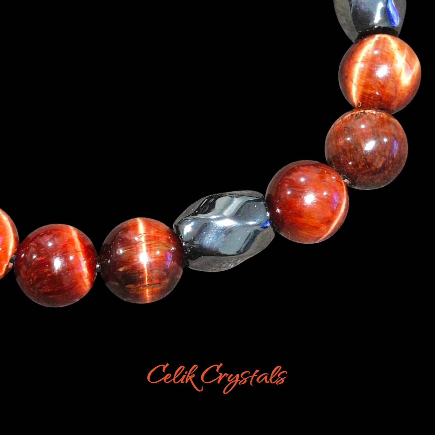 Red Tiger Eye Bracelet with Hematite Natural Stones 10mm Unisex Stretch Bead Bracelet