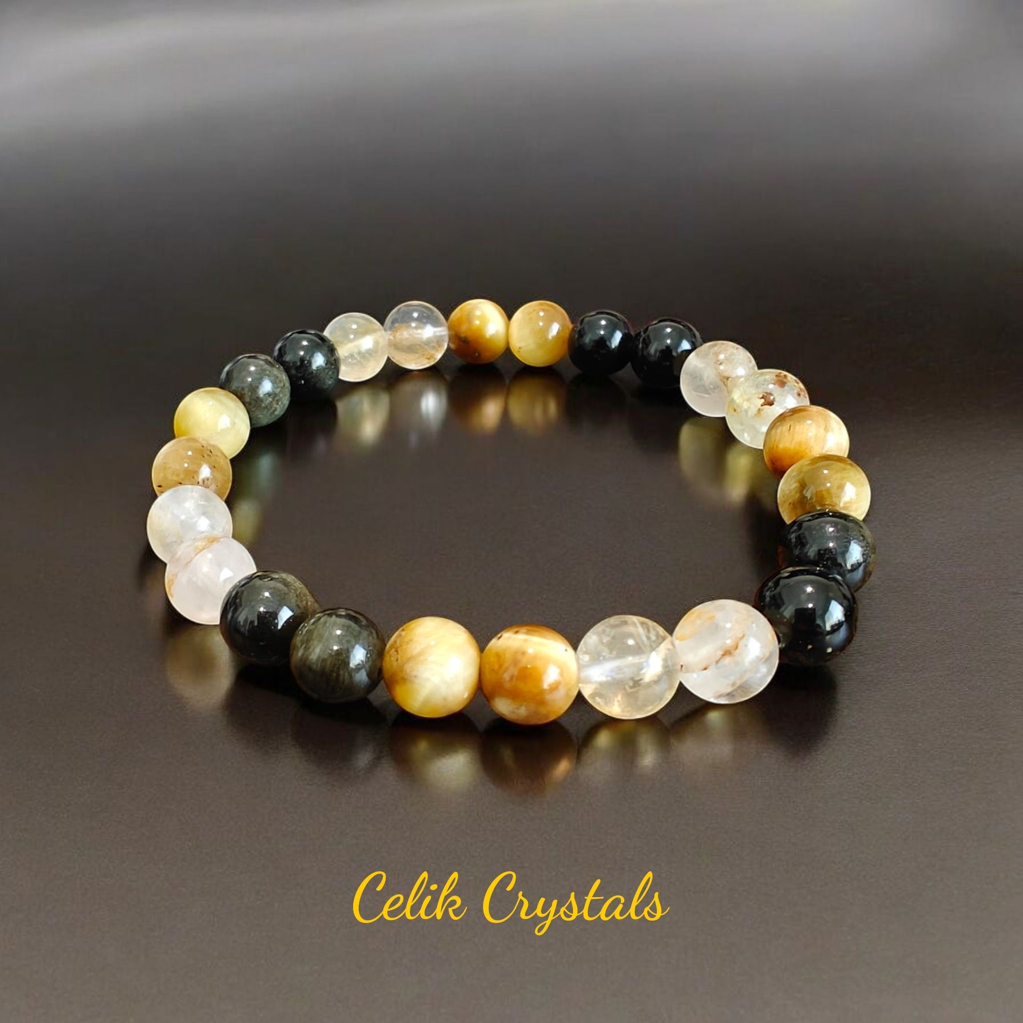 Golden Color Bracelet 8mm With Gold Obsidian, Gold Tiger Eye and Golden Healer Quartz Natural Stones