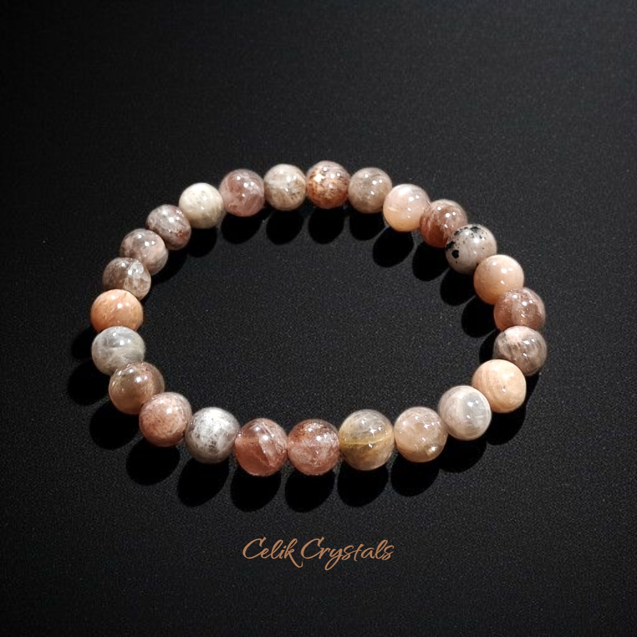 Black Skeletal Moonstone Bracelet with 8mm beads and Natural Stones Stretches Unisex Healing Crystal Bracelet