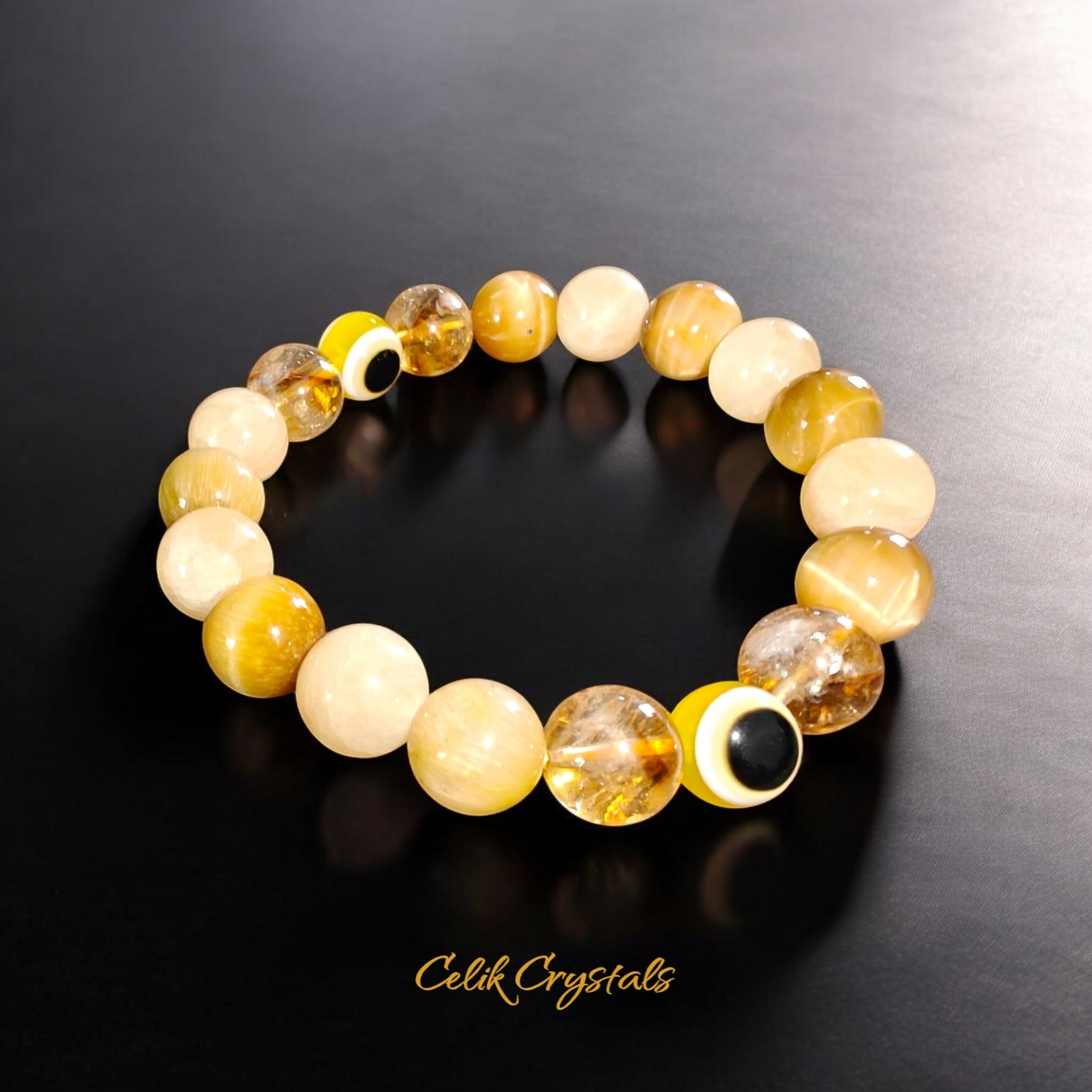 Yellow Evil Eye Bracelet with Citrine, Tiger Eye and Honey Calcite Natural Stones 10mm Unisex Stretch Bead Bracelet