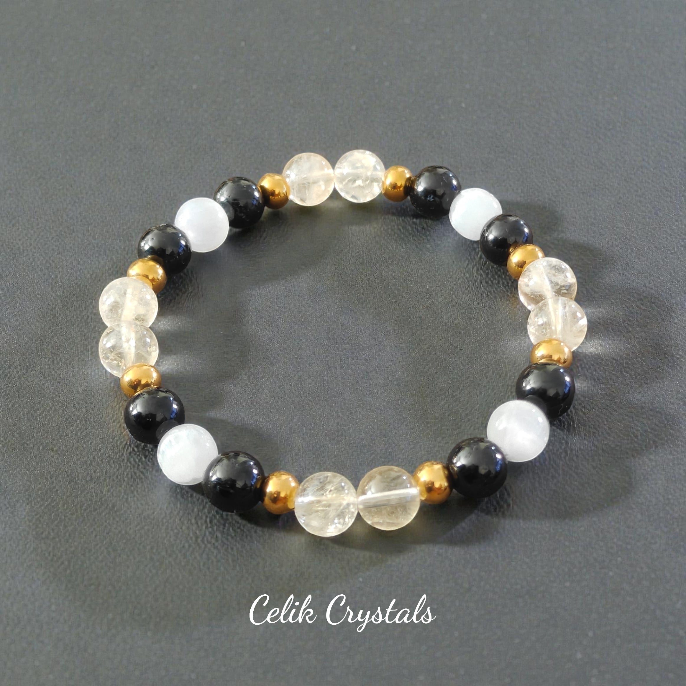 Citrine, Selenite, Black Tourmaline Bracelet Unisex Gold Plated Stainless Steel Spacers 8mm