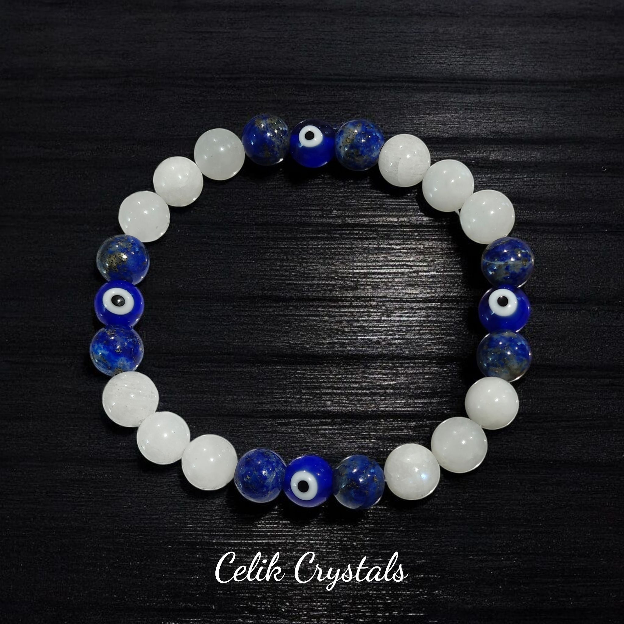 Lapis Lazuli and Moonstone Evil Eye Bracelet 8mm