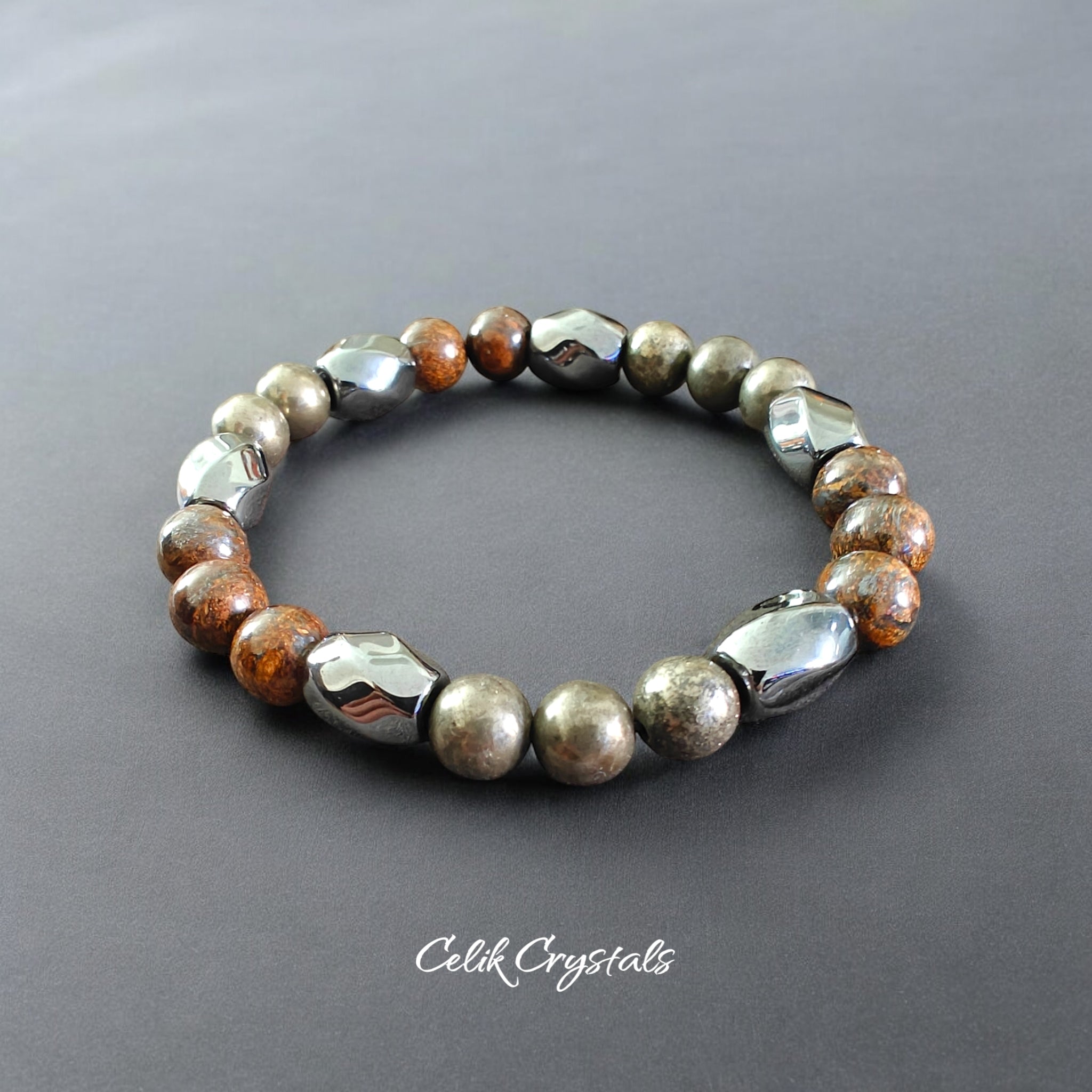 Bronzite Hematite and Pyrite Bracelet Natural Stones 8mm Stretches