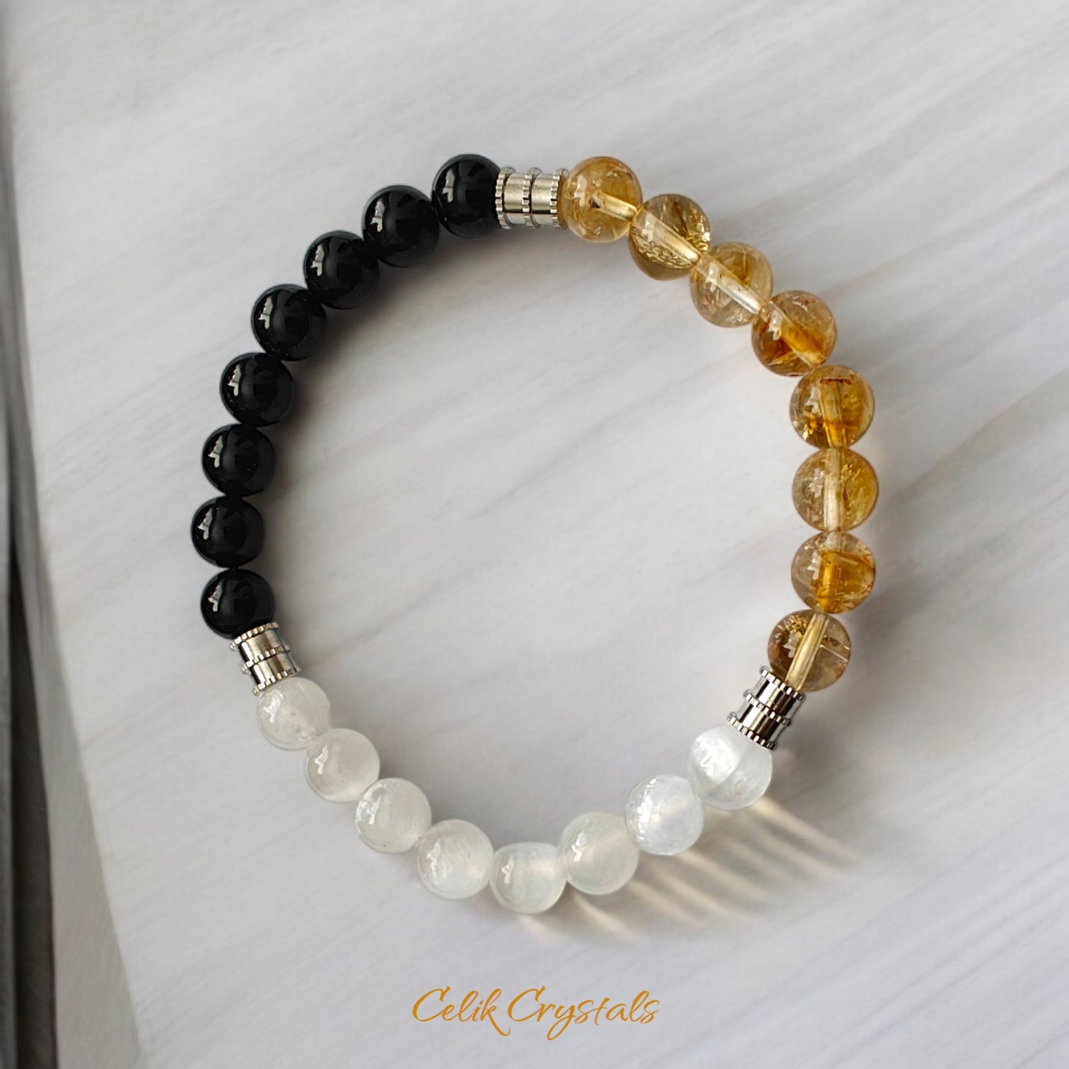 Selenite, Black Tourmaline and Citrine Bracelet with Stainless Steel Spacers 8mm Stretch Crystal Bead Bracelet